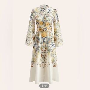 Commense Floral Belted Long Sleeve Midi Dress in Cream, Yellow and Blue